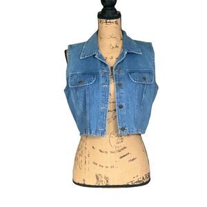 TICKETS CLOTHING Cropped Jean Denim Vest Jacket Blue Collar 100% Cotton